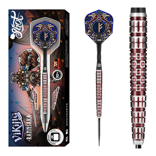 Full view of the Shot Viking Rannsaka darts showing the three silver and red barrels with flights and shafts attached, emphasizing the sleek, tapered profile.