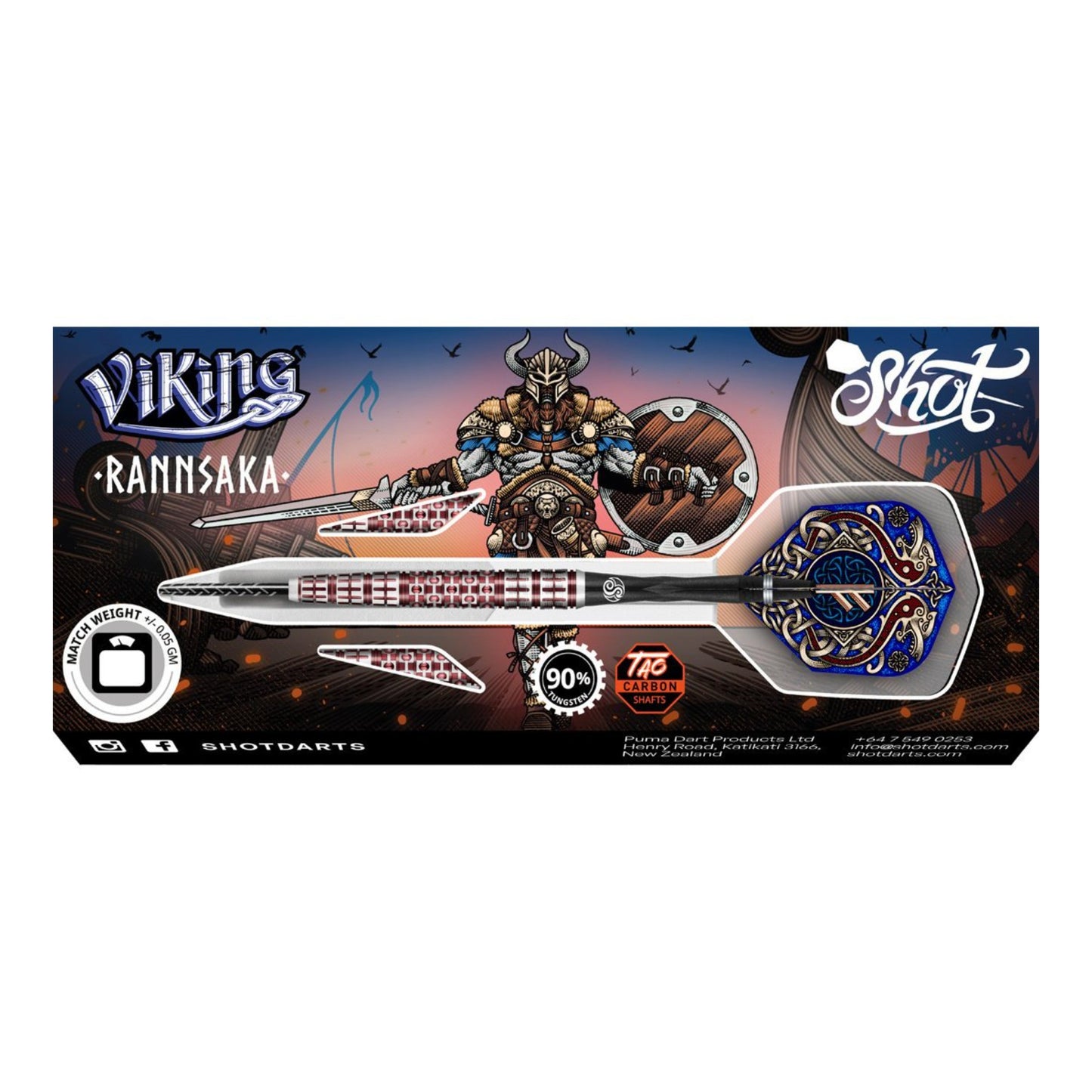 Shot Darts Viking Rannsaka 90% Tungsten Darts with a blood-red coating, showing the full barrel length and rear-weighted design.
