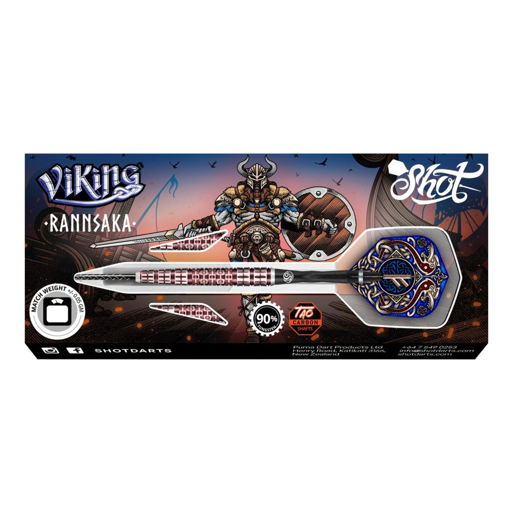 Shot Darts Viking Rannsaka 90% Tungsten Darts with a blood-red coating, showing the full barrel length and rear-weighted design.