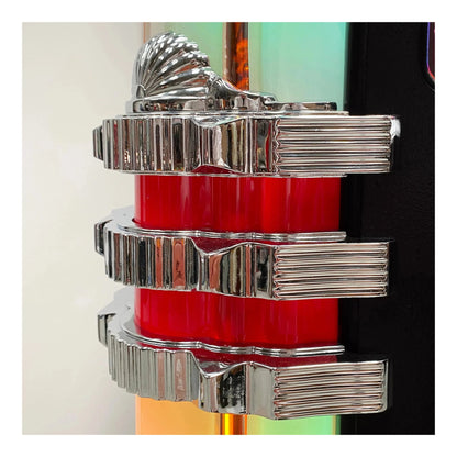 Close-up of a decorative item with red central part and silver metallic top and bottom parts.