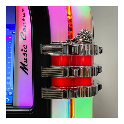 Close-up of a music stand with colorful lighting and 'Music Center' branding.