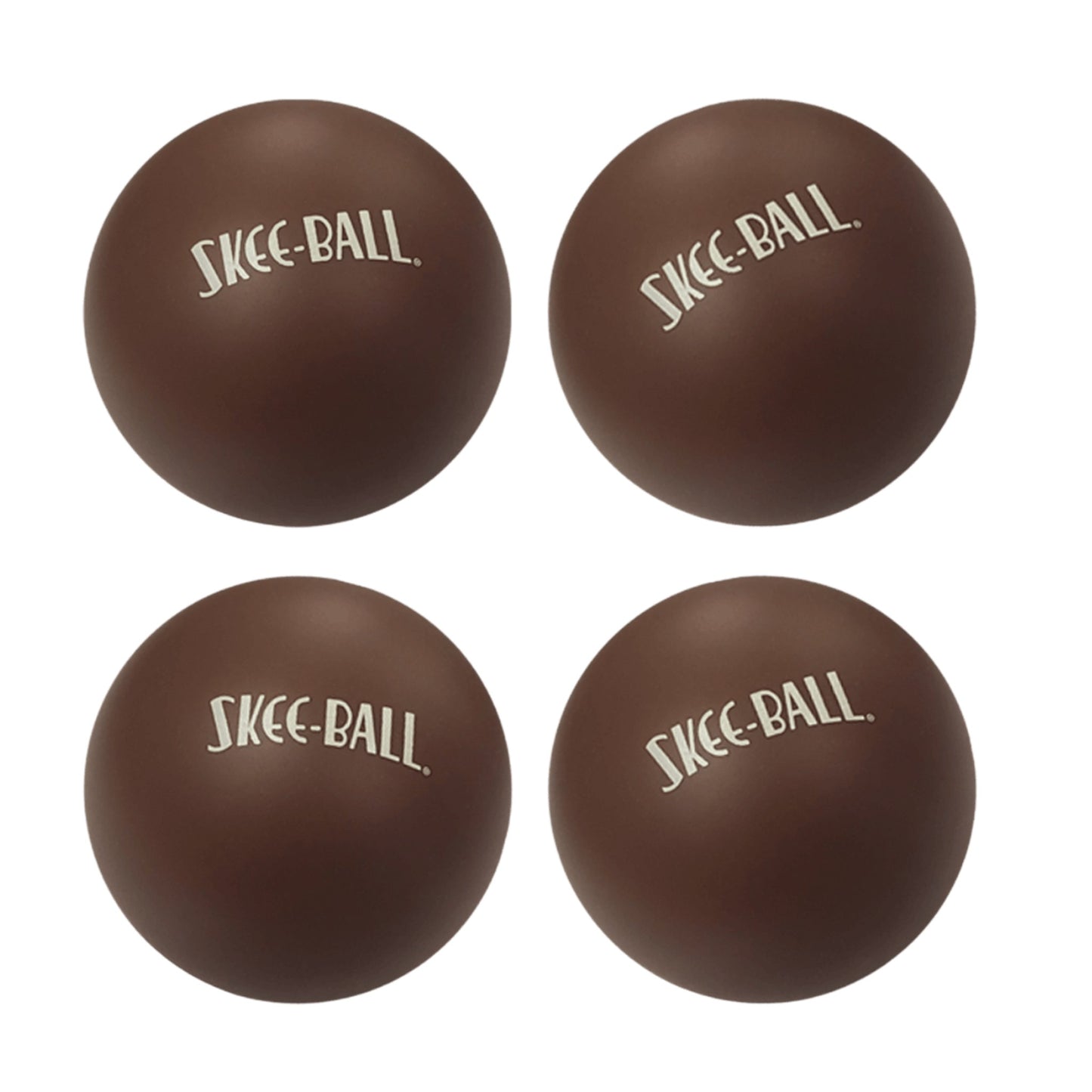 Close up of four authentic Skee-Ball branded rubber game balls