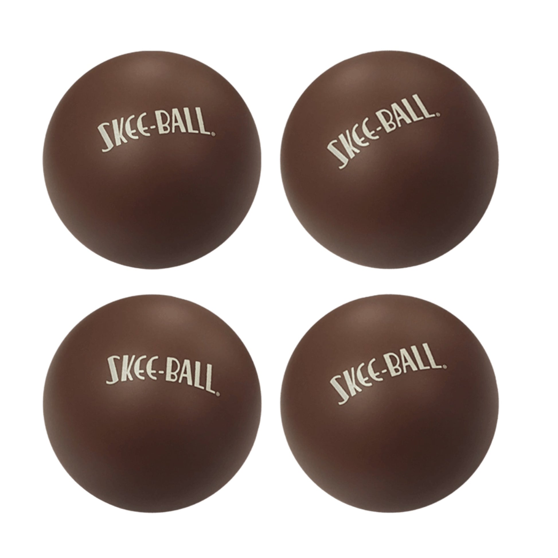 Close up of four authentic Skee-Ball branded rubber game balls