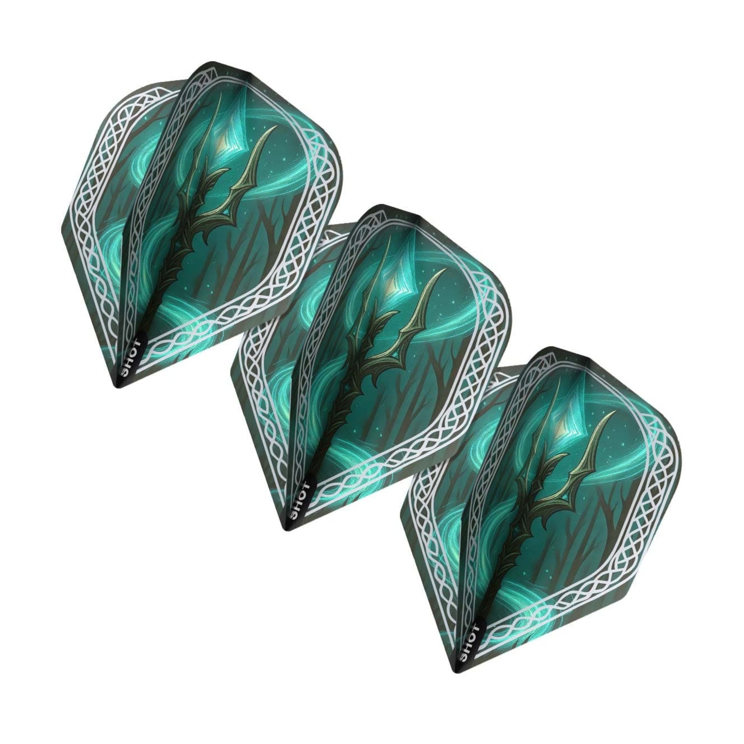 A set of three Shot Celt Ohnyalei 100-micron small standard dart flights, showing the intricate black and green knotwork design.