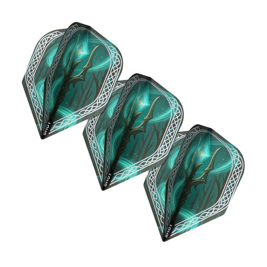 A set of three Shot Celt Ohnyalei 100-micron small standard dart flights, showing the intricate black and green knotwork design.