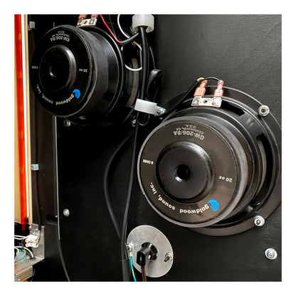 Close-up of a speaker with 'Goldwood Sound' branding on a black background