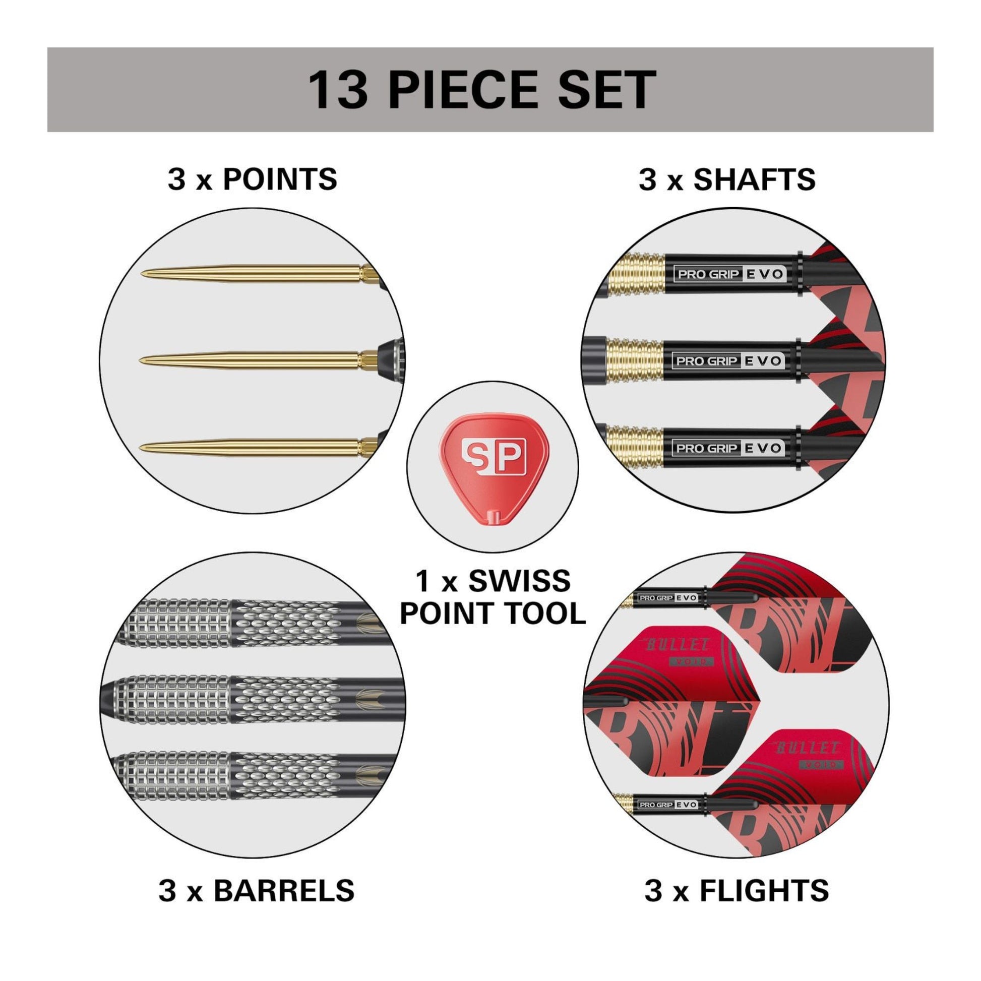 Bunting G5 Darts with Gold Swiss Points image of what is contained in pacakge