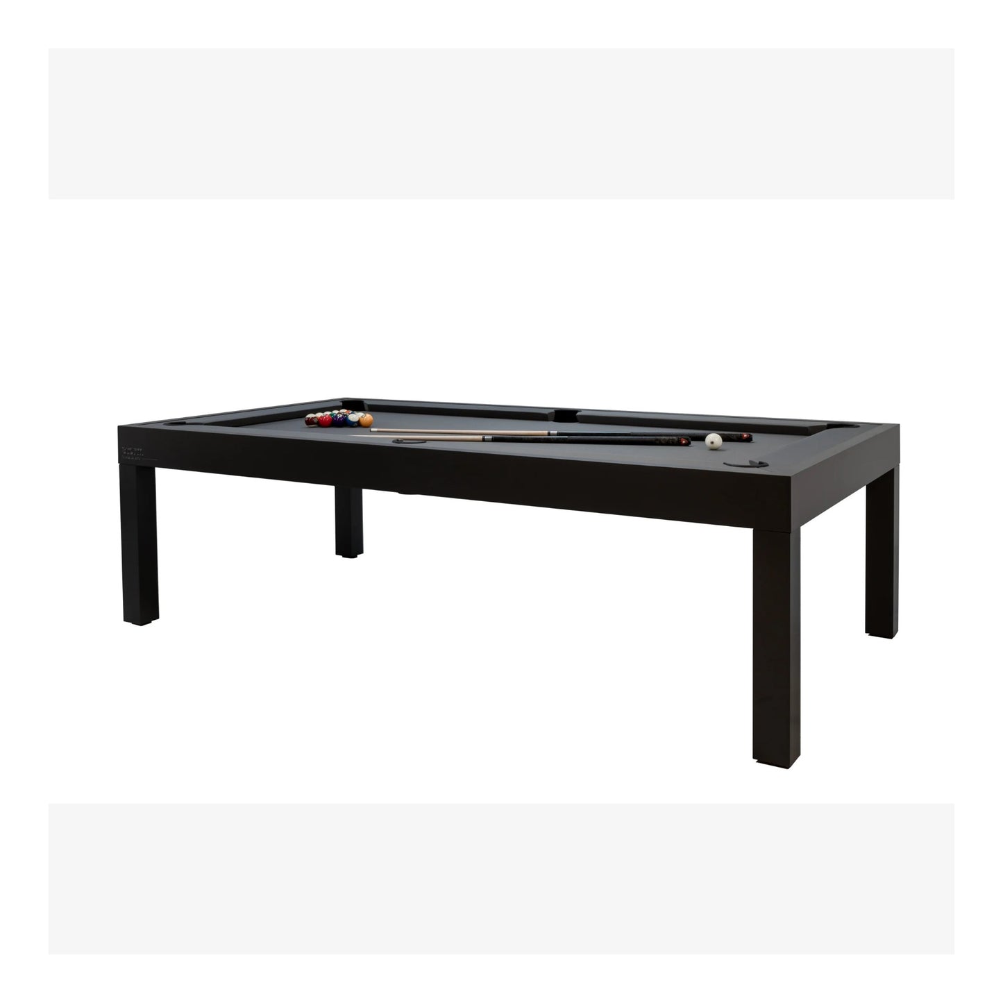 Black pool table with accessories on a white background