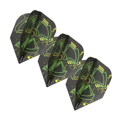 Set of 3 Stowe Buntz Biohazard dart flights featuring yellow and black graphic design.