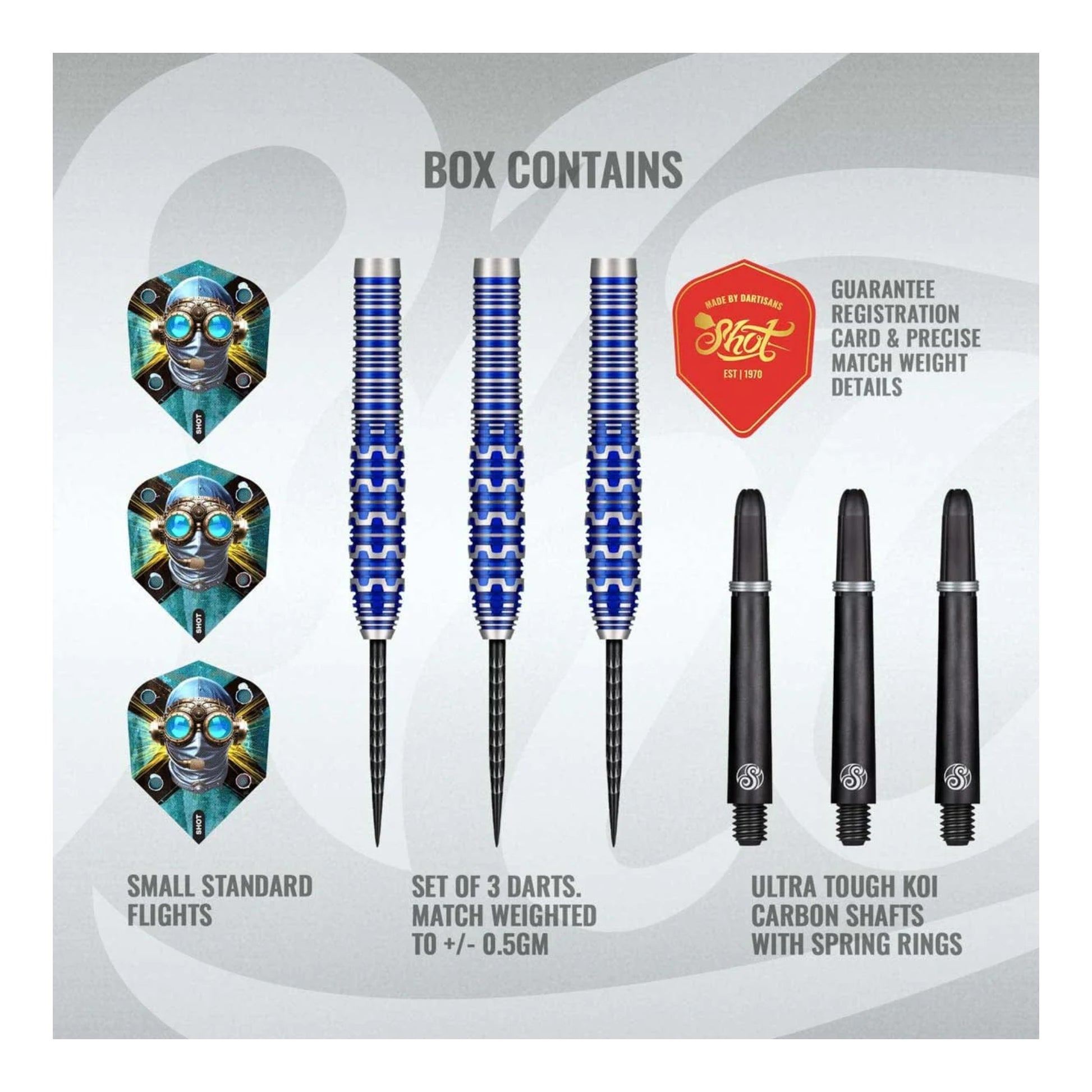 A complete set of three Shot Badlands Tova 90% tungsten steel tip darts, shown with durable Blue PCT coating and Koi Carbon shafts.