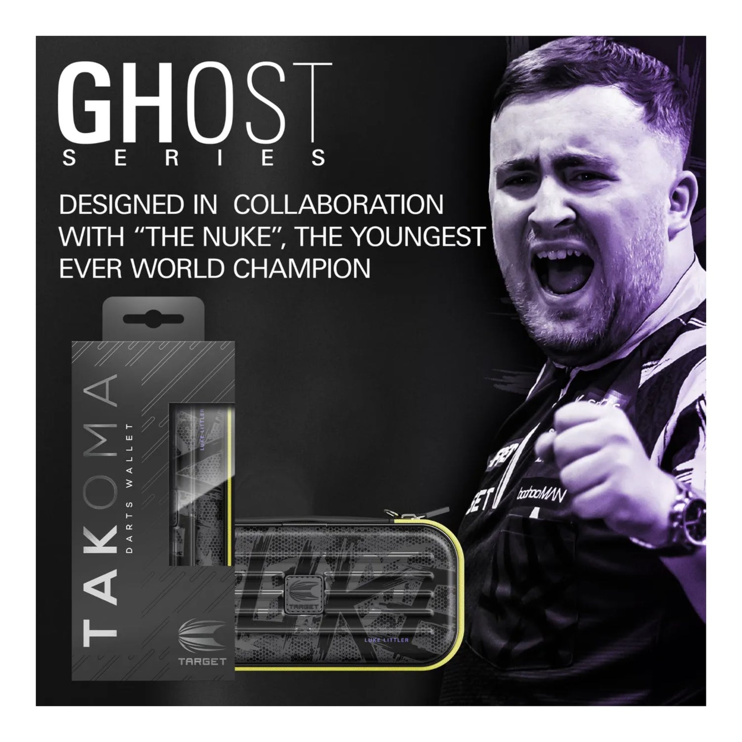 Front view of Takoma Ghost Luke Littler Wallet showing grey design and electric yellow Nuke branding