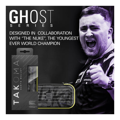 Front view of Takoma Ghost Luke Littler Wallet showing grey design and electric yellow Nuke branding