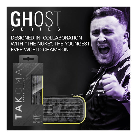 Front view of Takoma Ghost Luke Littler Wallet showing grey design and electric yellow Nuke branding