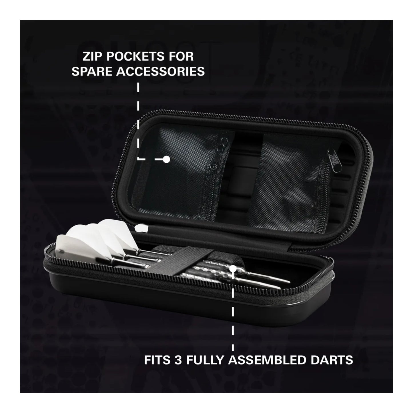 Open Takoma Ghost Wallet displaying three fully assembled darts secured by elastic strap