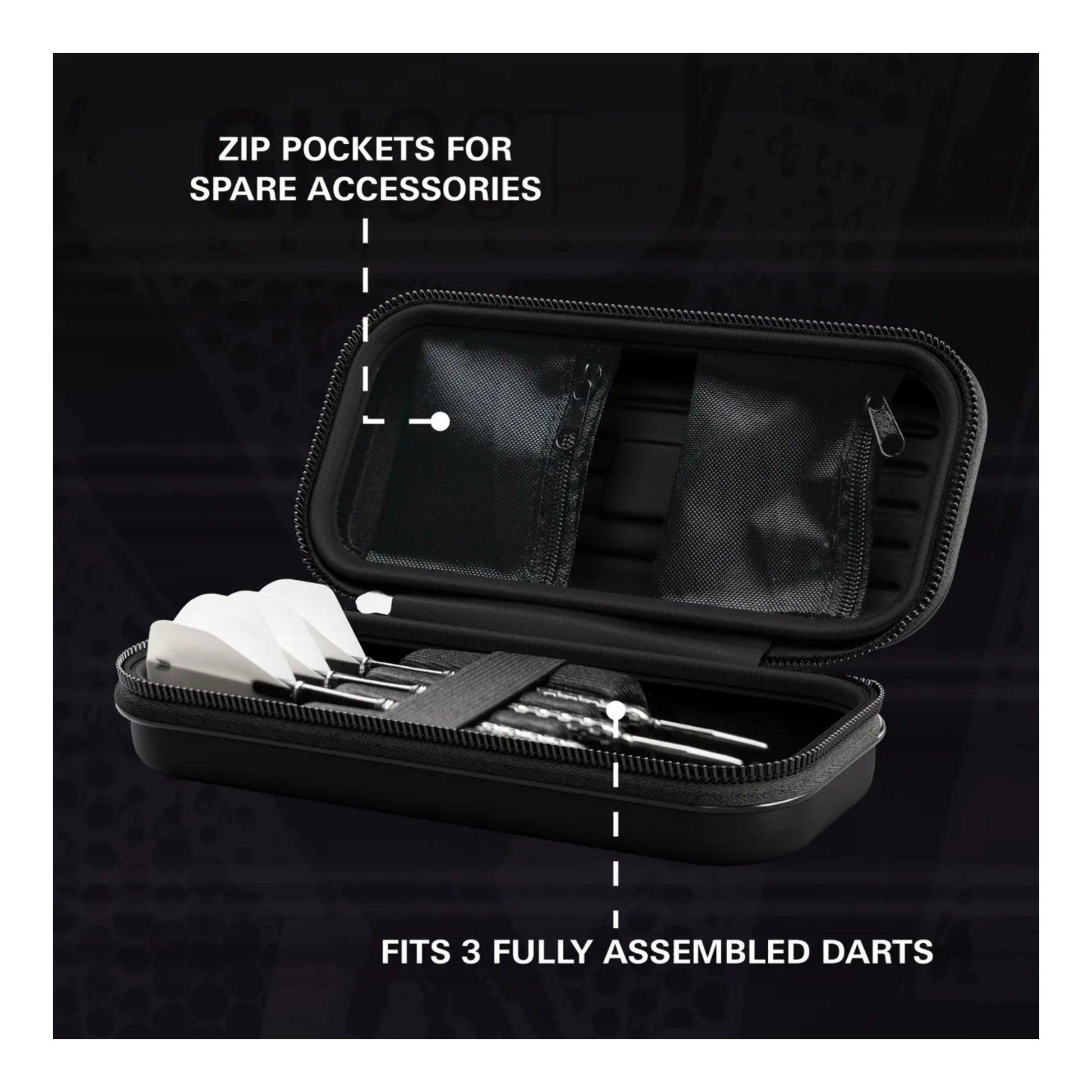 Open Takoma Ghost Wallet displaying three fully assembled darts secured by elastic strap