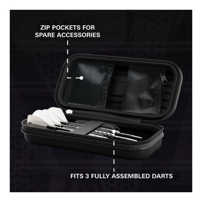 Open Takoma Ghost Wallet displaying three fully assembled darts secured by elastic strap