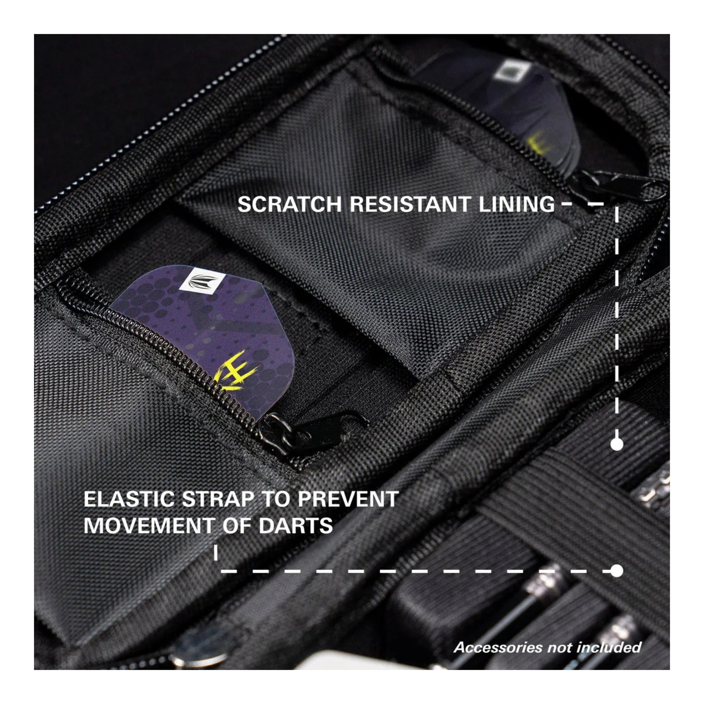 Internal view showing dual zip pockets for spare flights and Swiss point tools