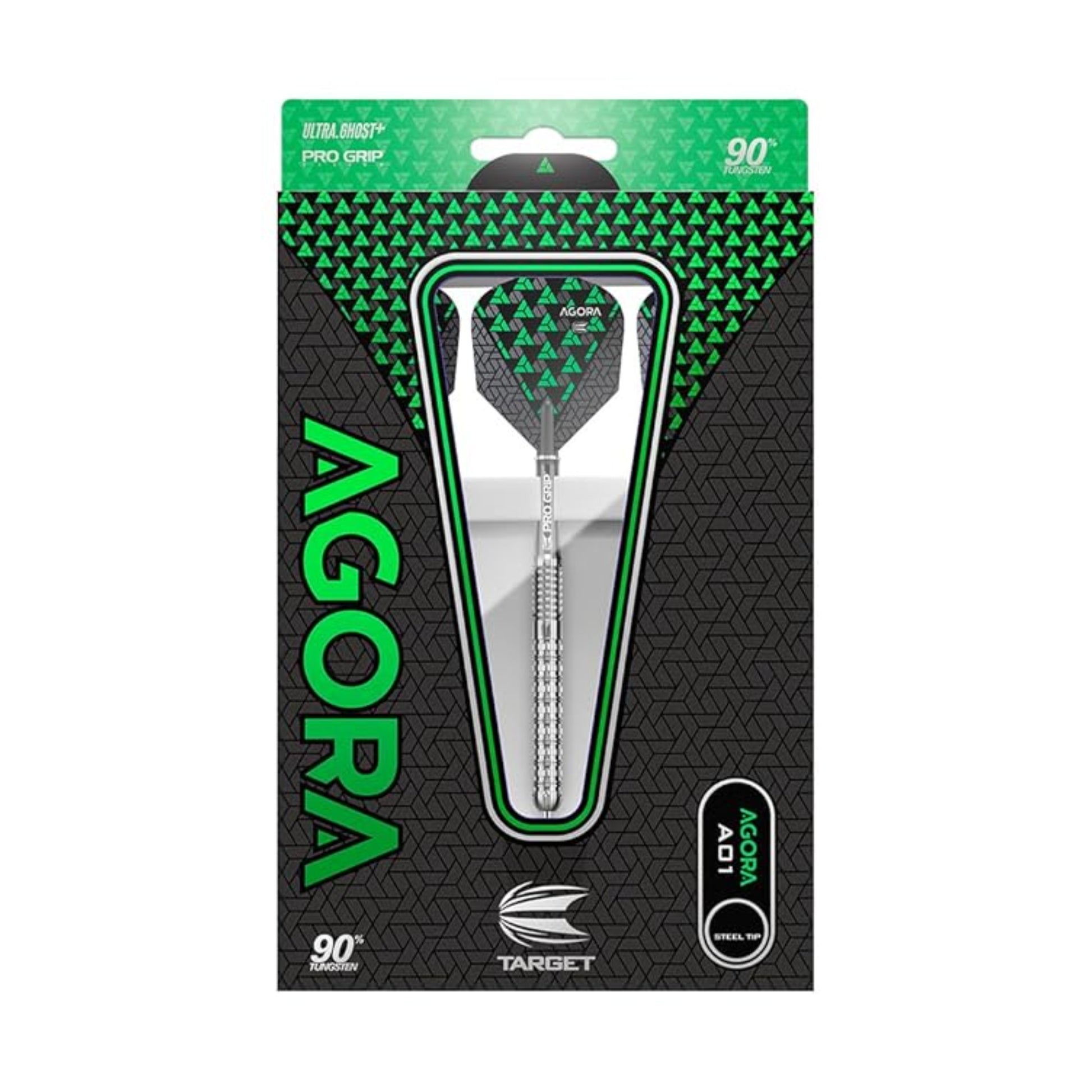 Full packaging view of Target Agora 90% Tungsten steel tip darts showing the barrel design and flights.
