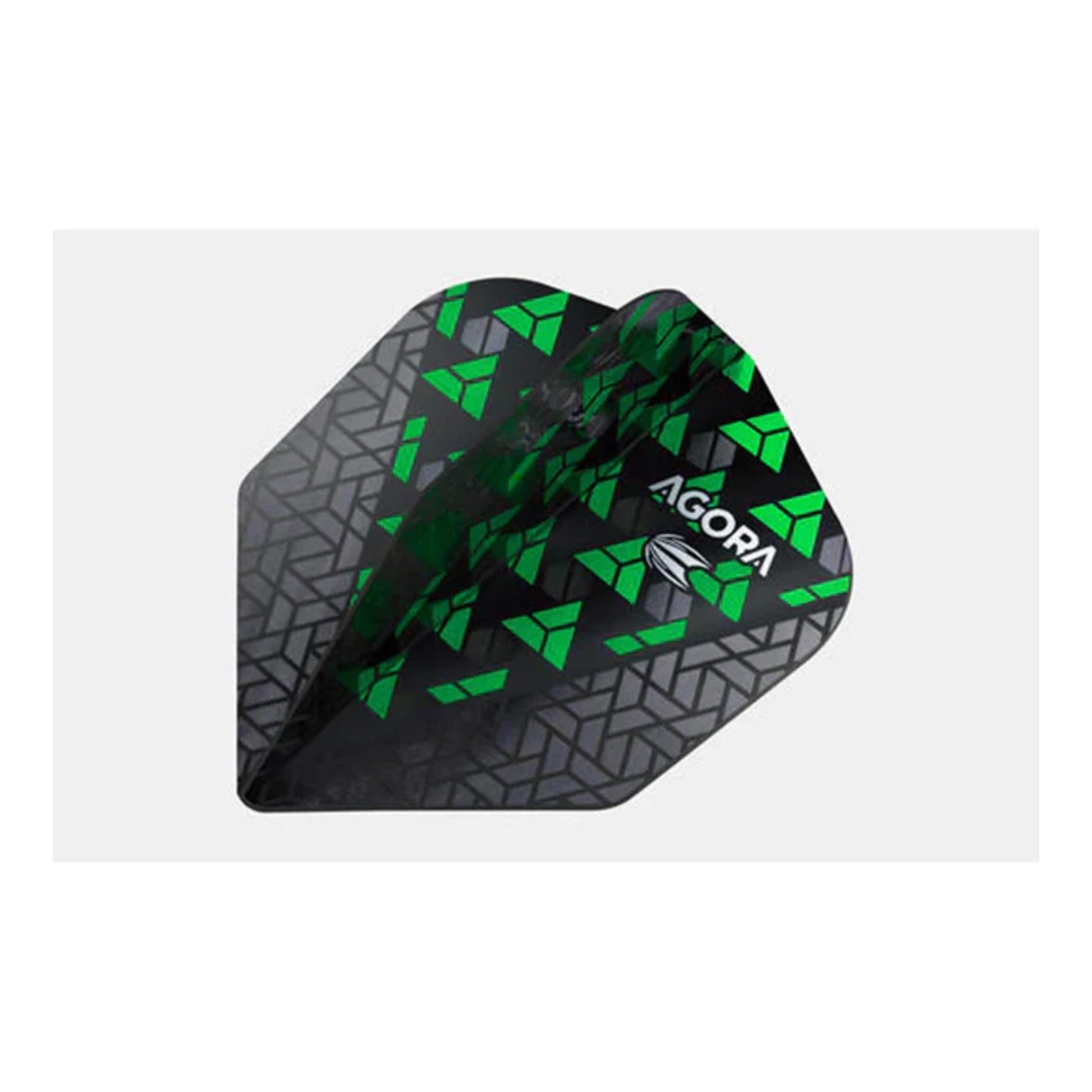 Black and green dart flight with 'Agora' branding on a white background