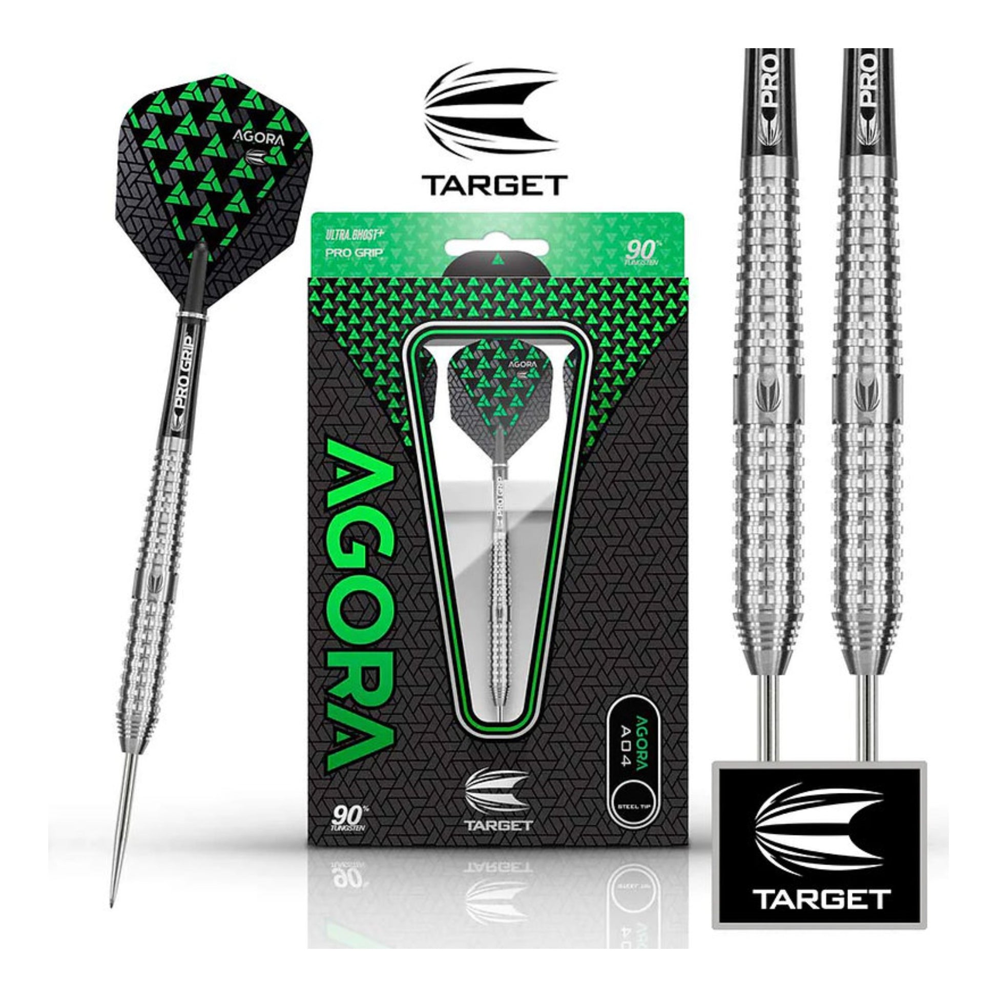 Packaging of Target Agora A04 darts showing 90% tungsten branding and contents.