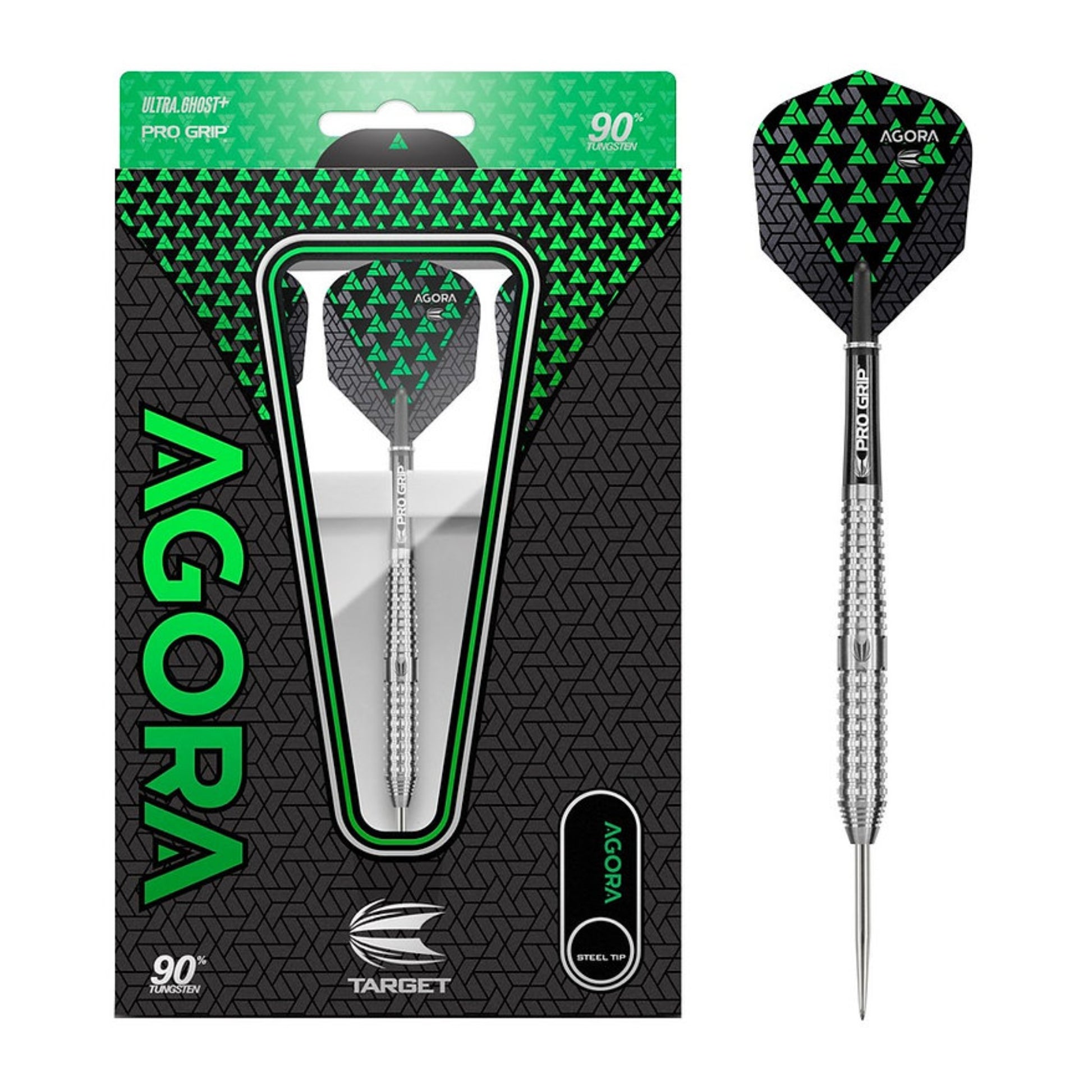 Full set of Target Agora A04 steel tip darts with shafts and flights attached.