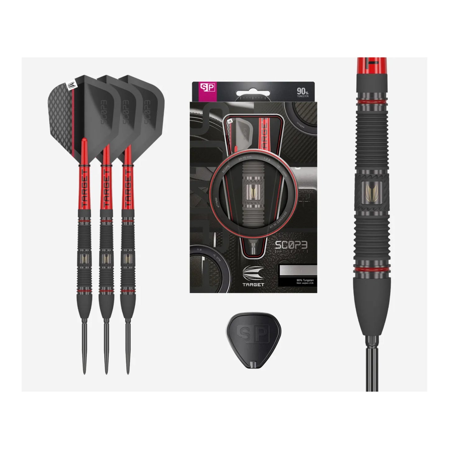 Full length view of Target Scope 02 SP 90% tungsten darts with tapered nose
