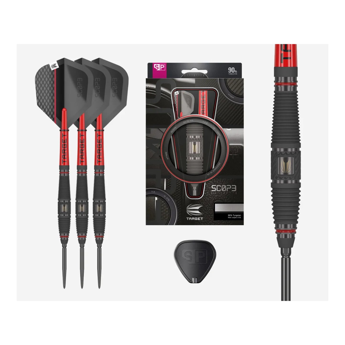Full length view of Target Scope 03 SP 90% tungsten darts with bullet shape