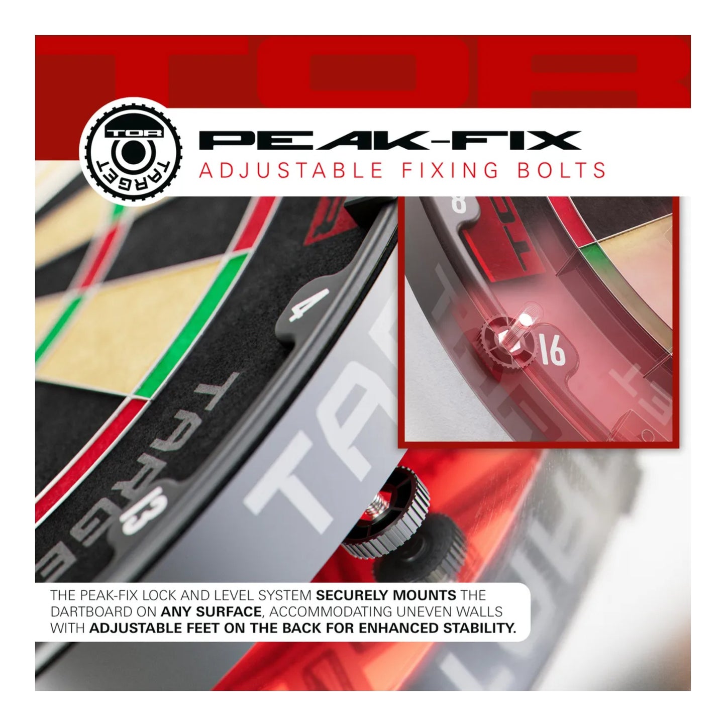 Peak-Fix adjustable fixing bolts for dartboards with close-up of bolt and brand logo.