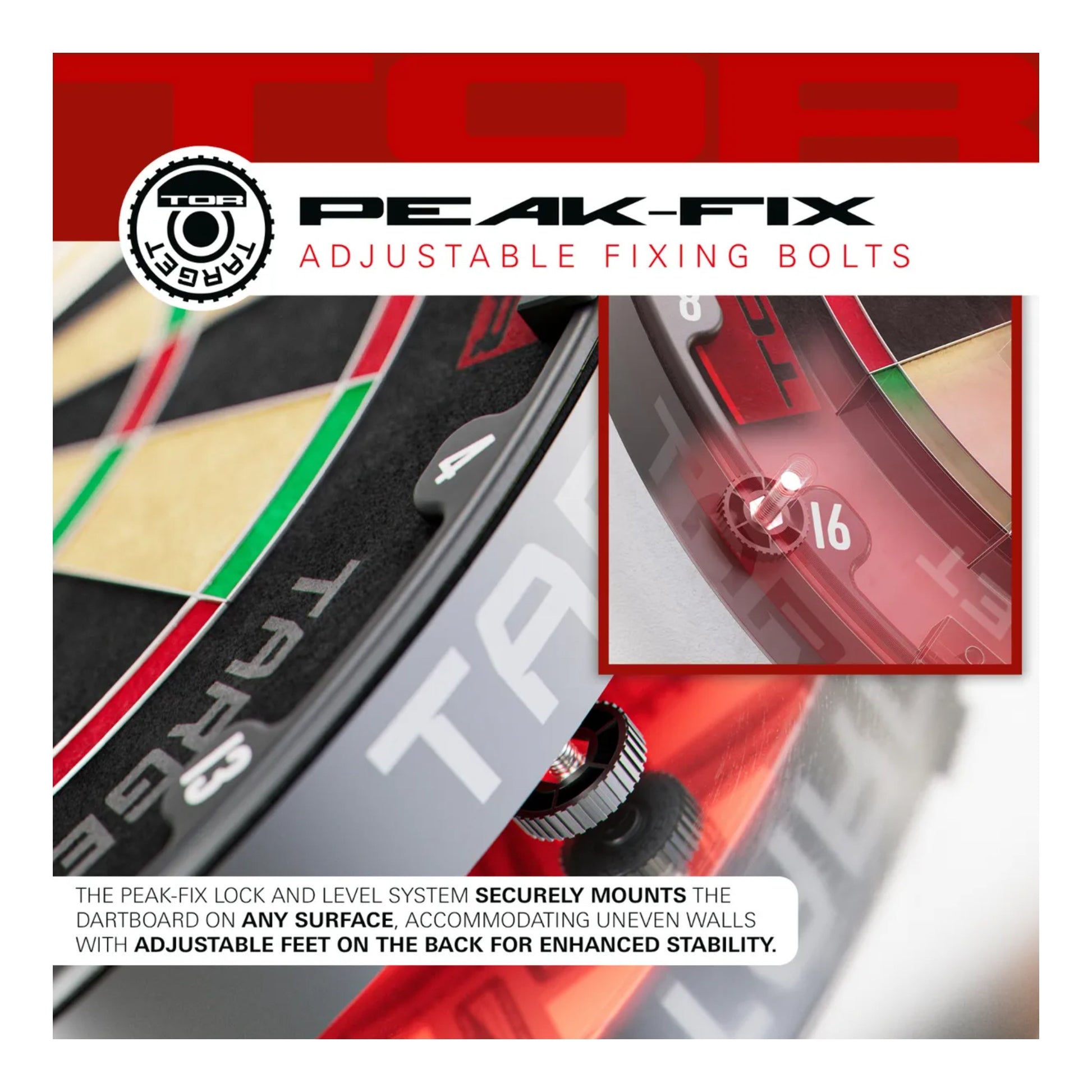 Peak-Fix adjustable fixing bolts for dartboards with close-up of bolt and brand logo.