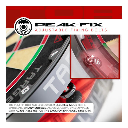 Peak-Fix adjustable fixing bolts for dartboards with close-up of bolt and brand logo.