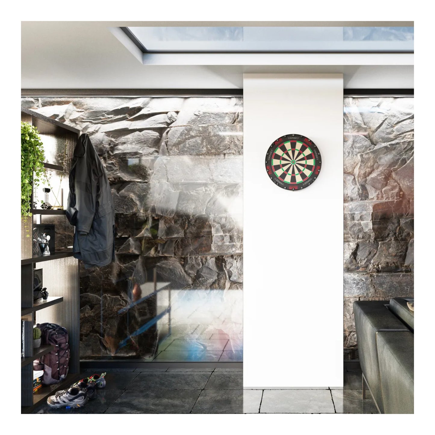 Modern room with stone wall, Target TOR dartboard, and shelves.