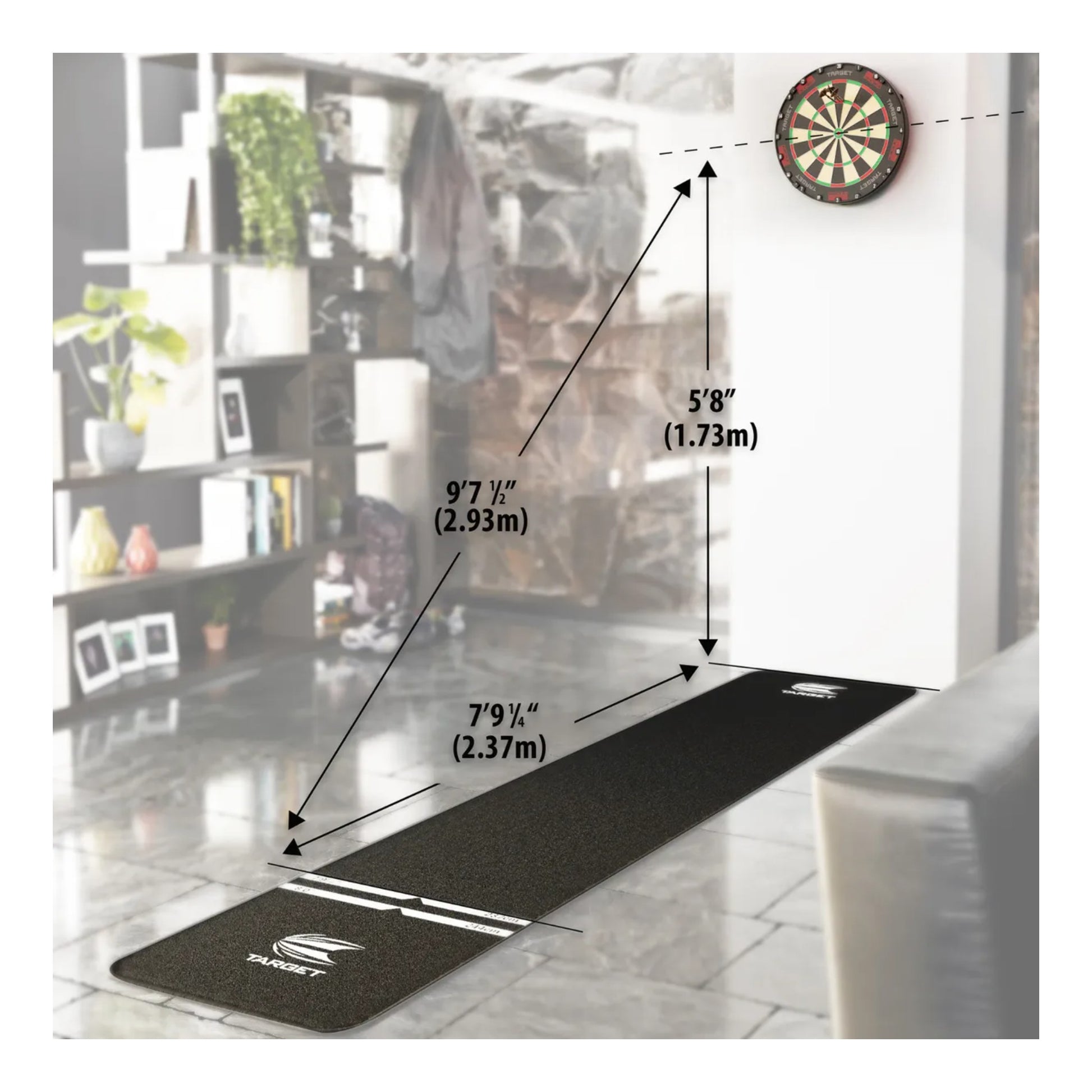Target TOR dartboard mounted on wall with distance measurements shown