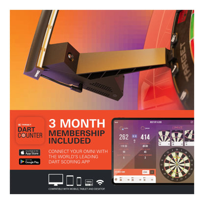 Dart scoring system with app interface on an orange and black background