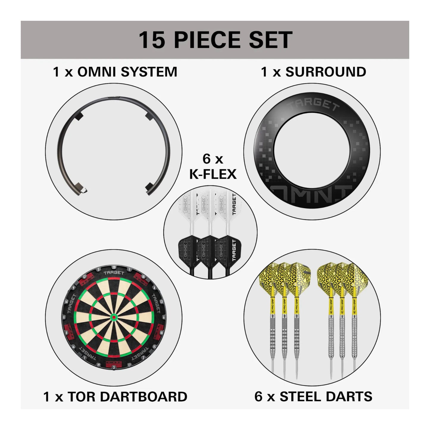 15-piece dart set with components labeled on a white background