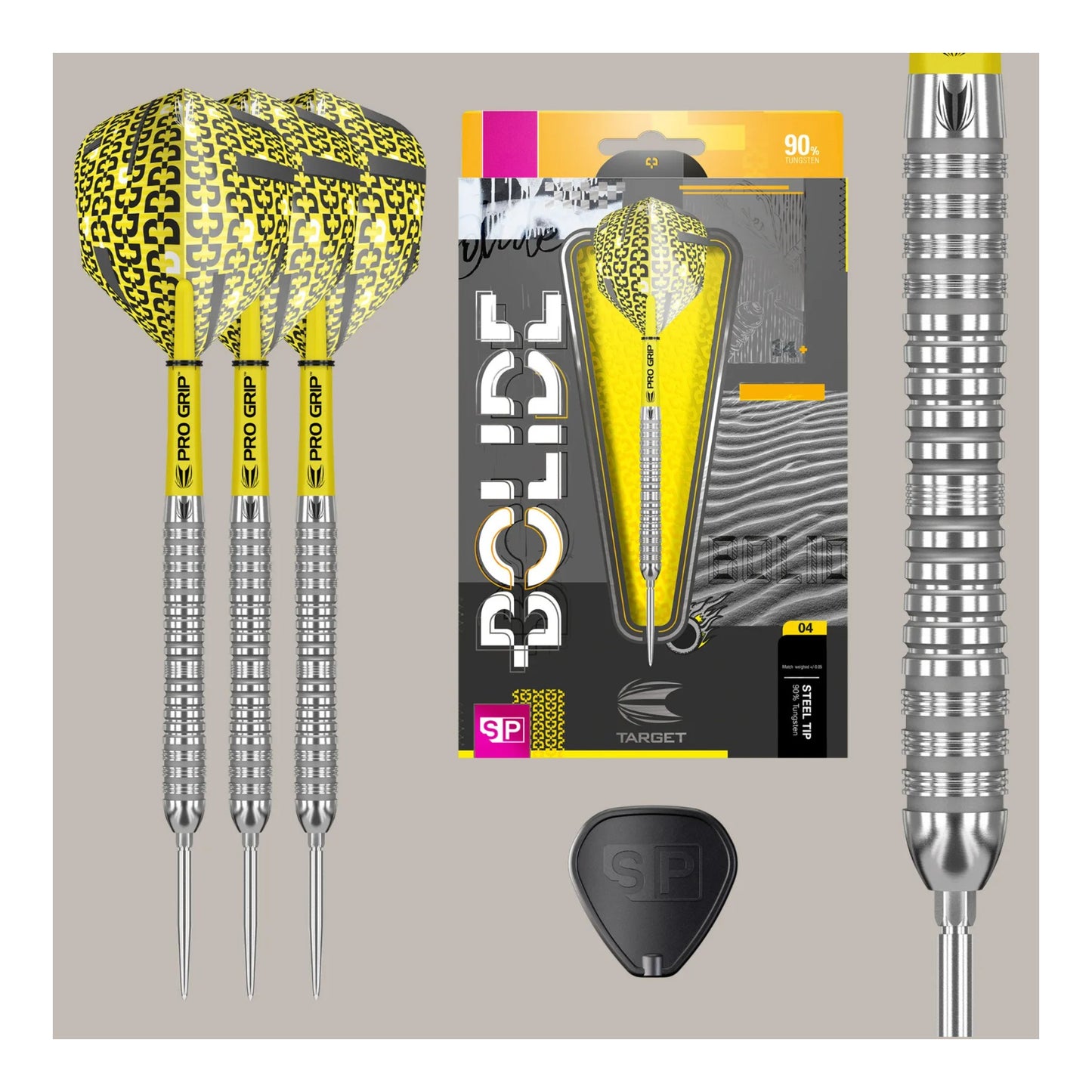 Set of darts with yellow and black leopard printcco, packaging, and additional dart on a beige background