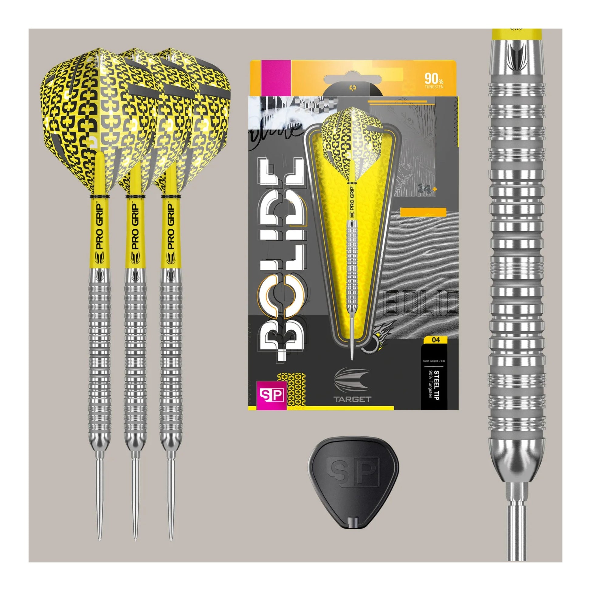Set of darts with yellow and black leopard printcco, packaging, and additional dart on a beige background