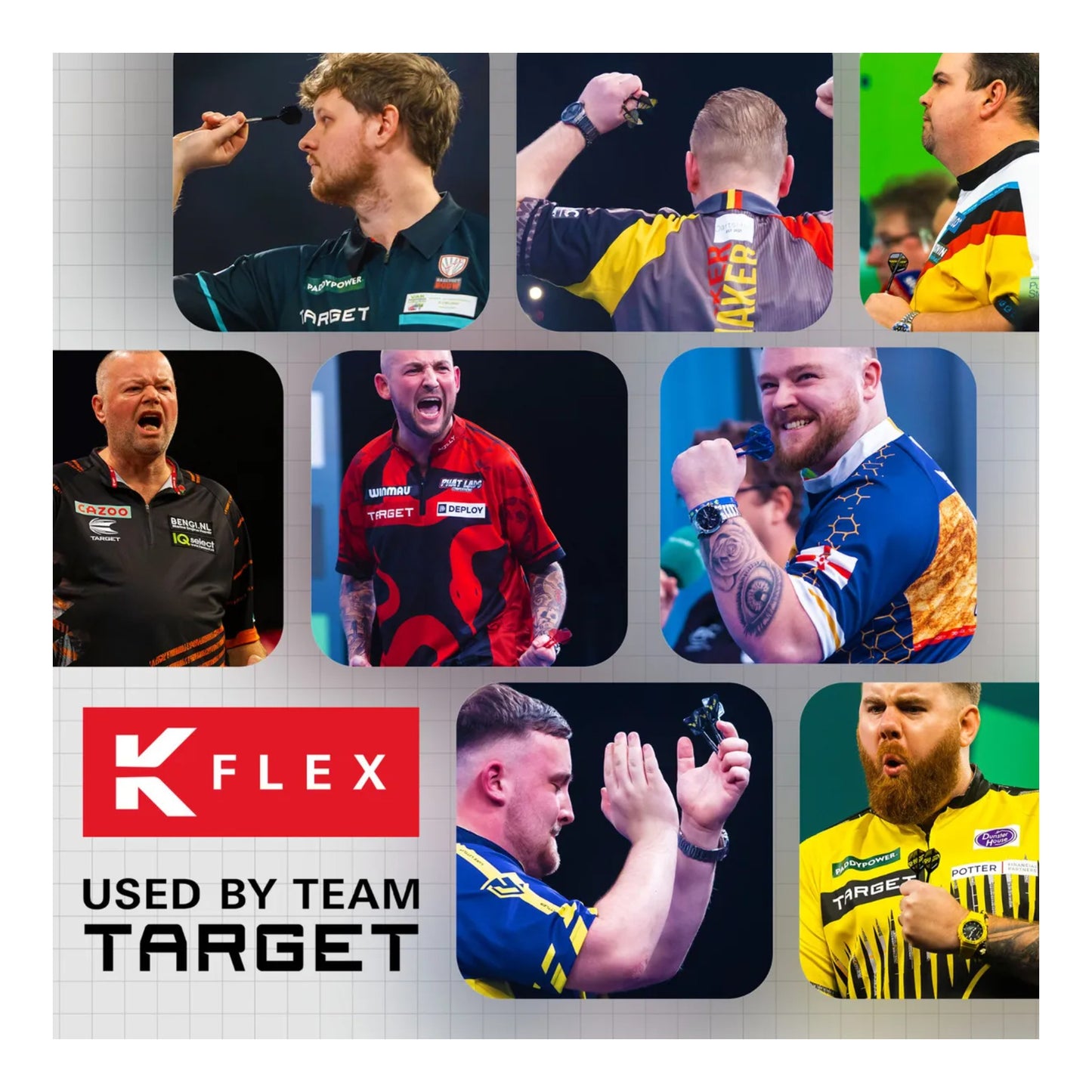 Collage of darts players with K FLEX branding and 'USED BY TEAM TARGET' text.