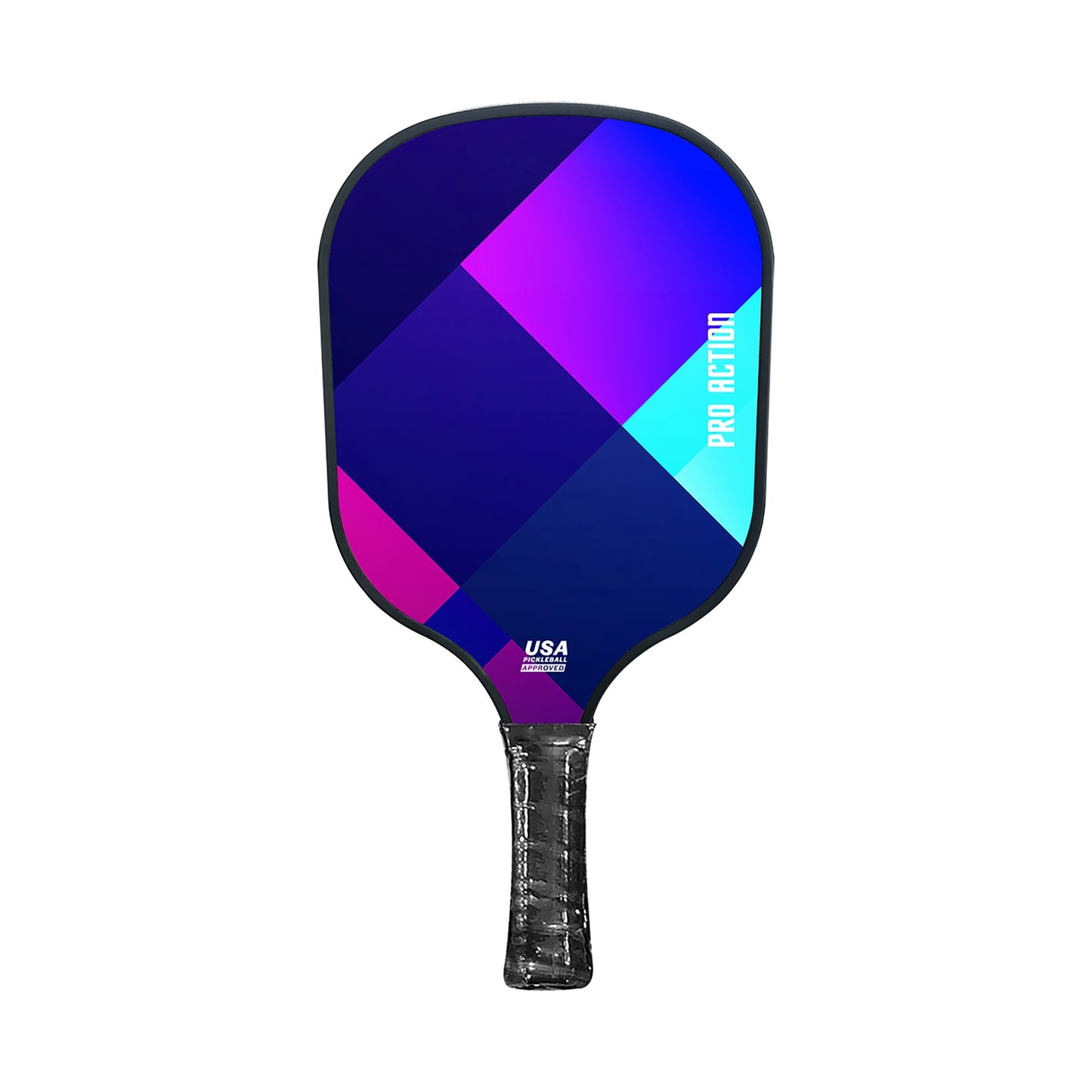 Close up of Pro Action pickleball paddle face with graphic finish and TPU edge