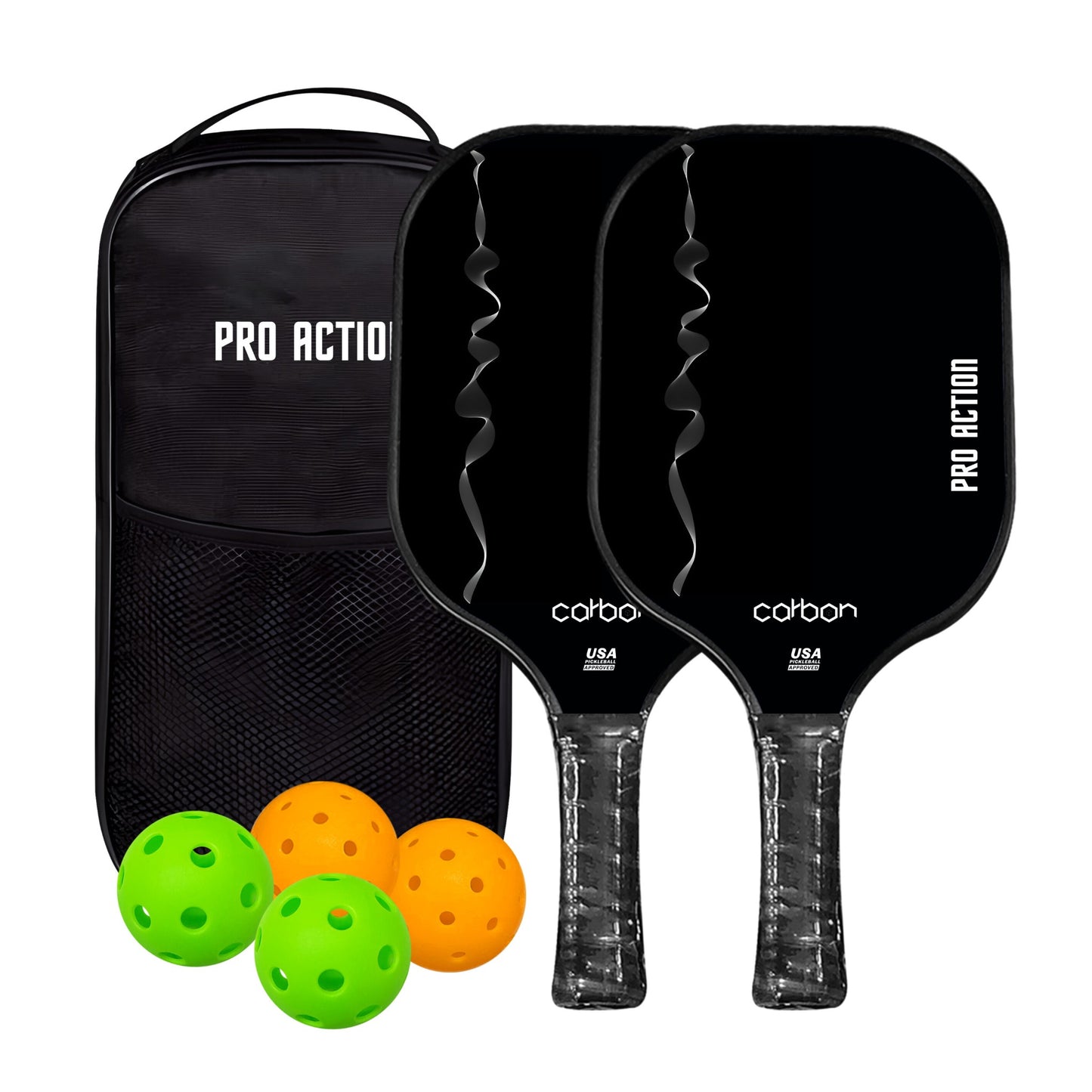 Two Pro Action Terminator carbon pickleball paddles with indoor outdoor balls and carry bag