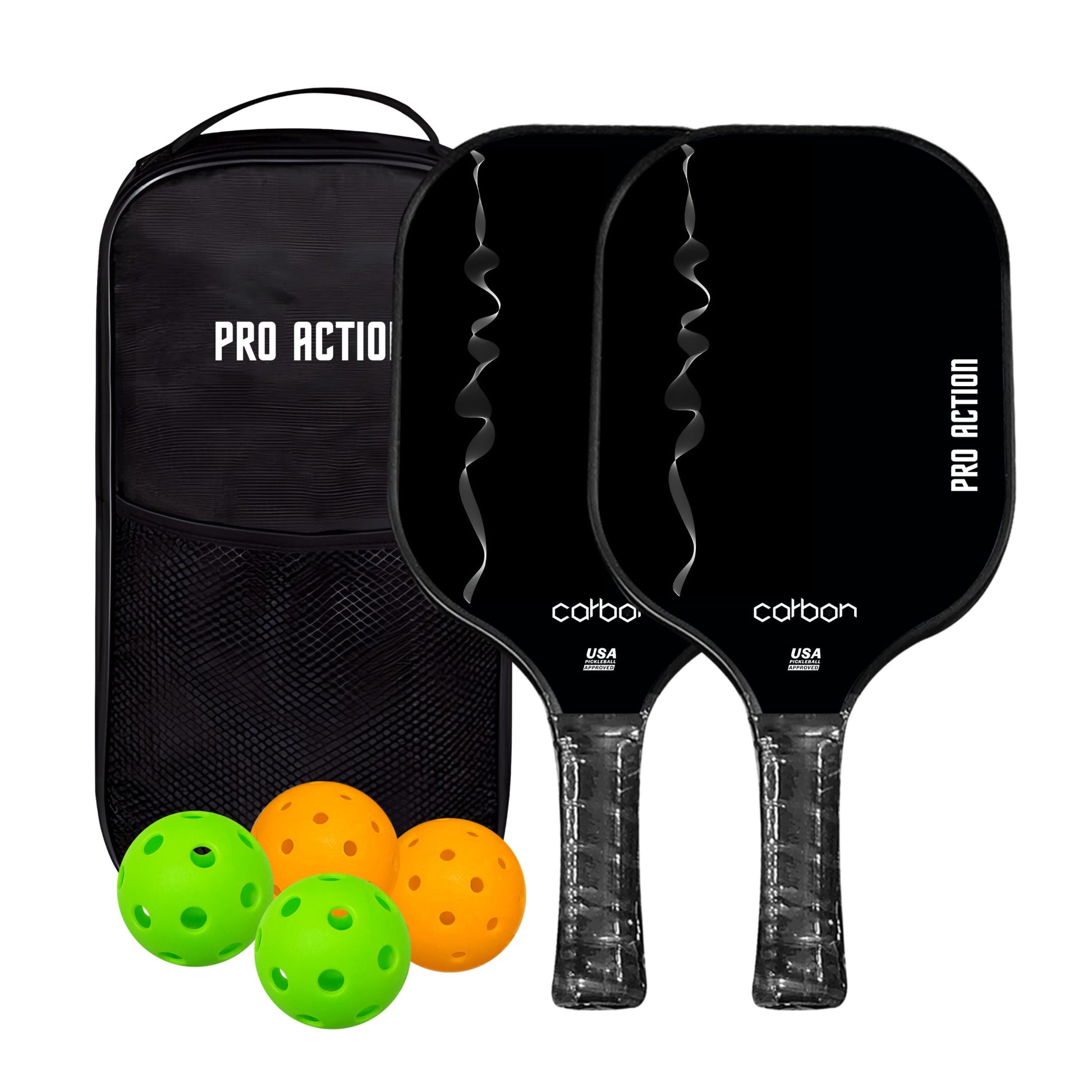 Two Pro Action Terminator carbon pickleball paddles with indoor outdoor balls and carry bag