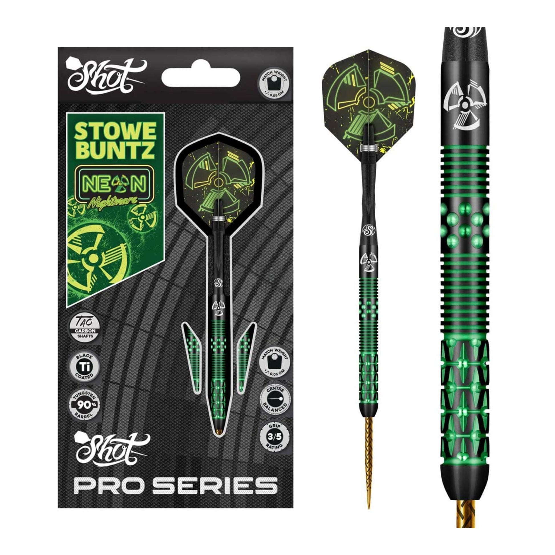 Shot Pro Series Stowe Buntz 2.0 dart set packaging with flights and shafts