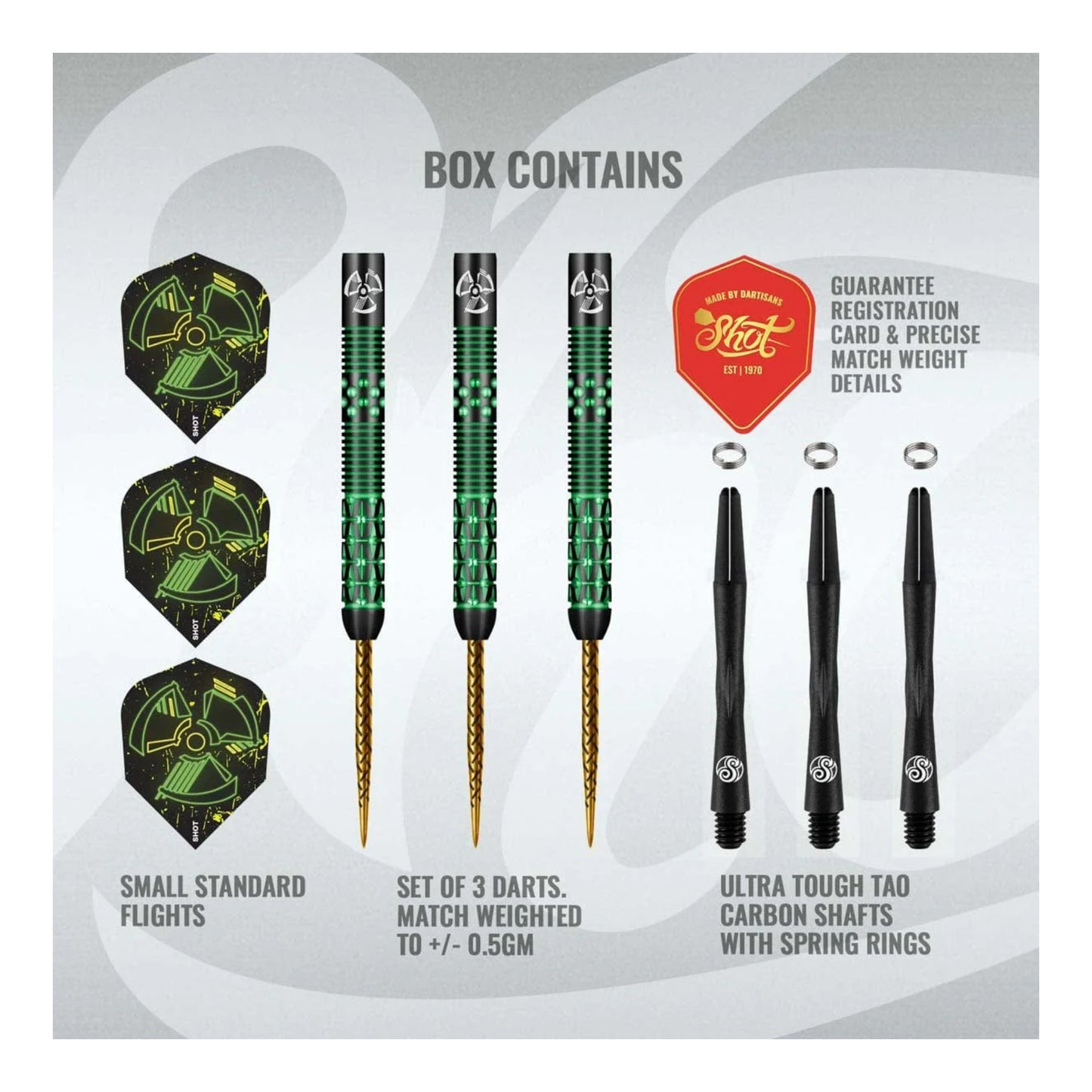 Three Stowe Buntz 2.0 steel tip darts fully assembled with radioactive flights