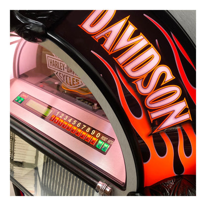 Harley-Davidson branded jukebox with flames and control panel