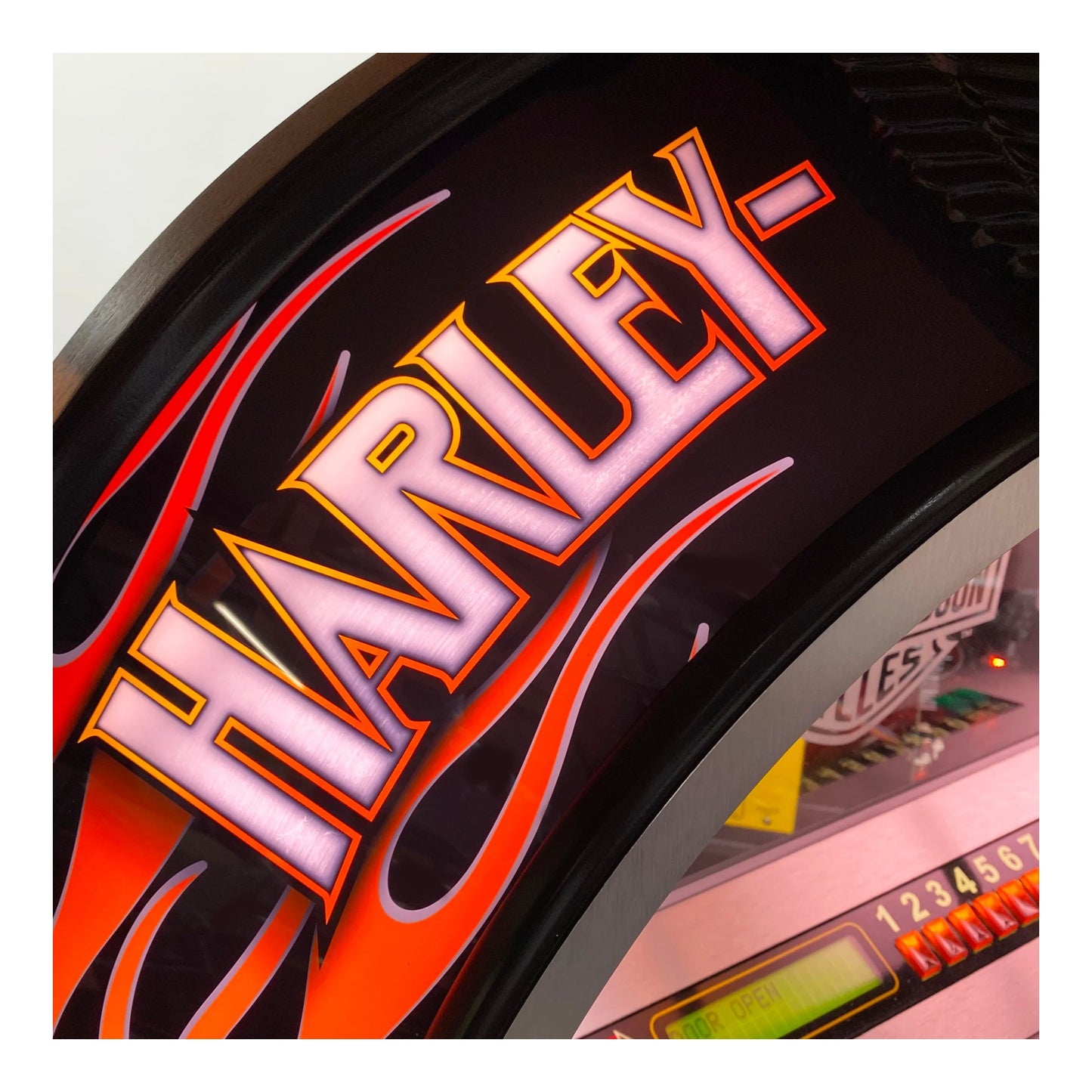 Close-up of a Harley Davidson logo on a motorcycle seat with flames.