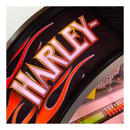 Close-up of a Harley Davidson logo on a motorcycle seat with flames.