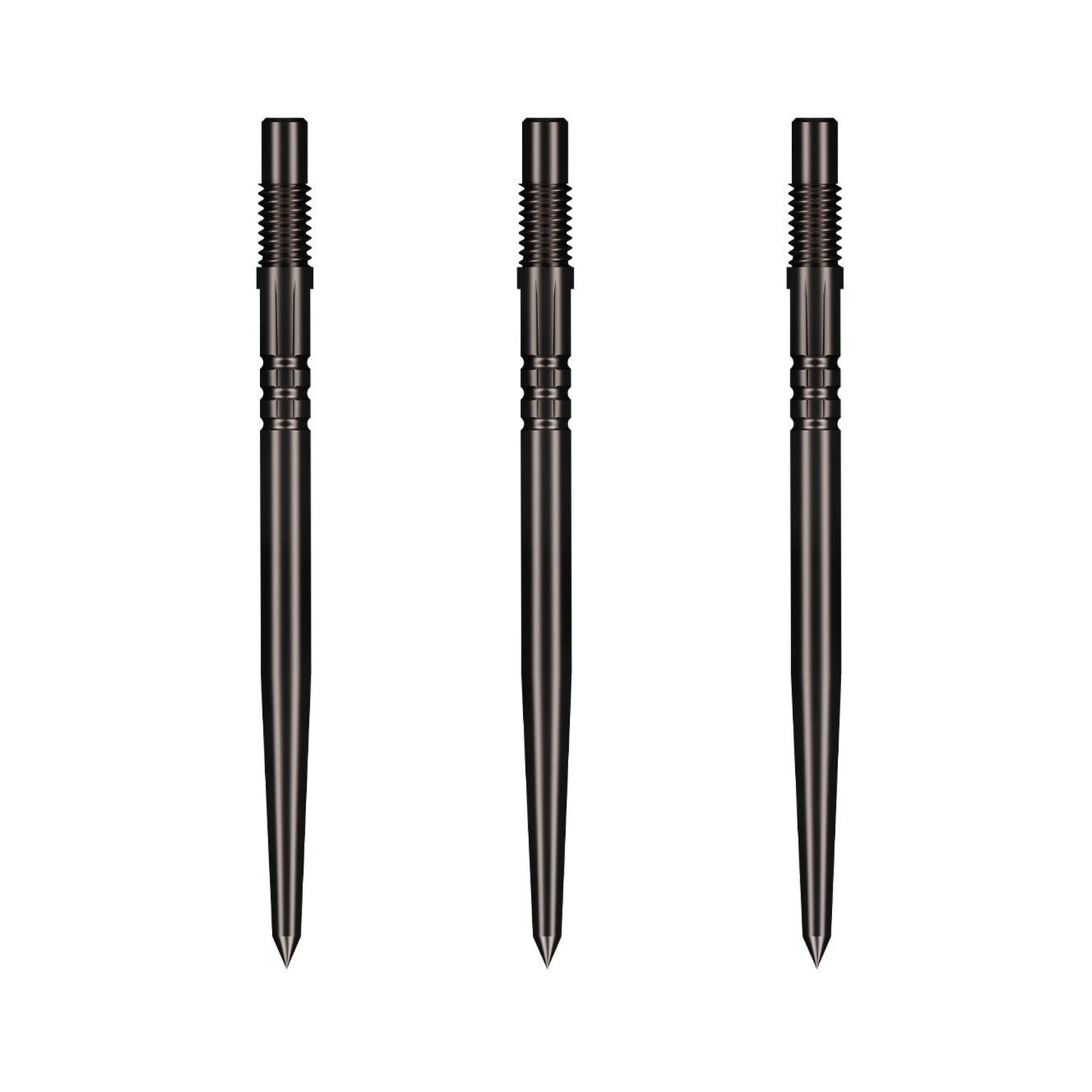 Three Shot Turbo black steel tip dart points showcasing v-cut machining