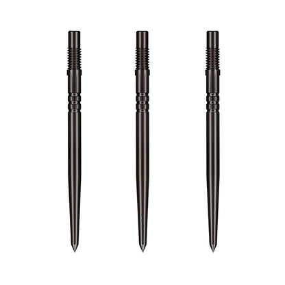 Three Shot Turbo black steel tip dart points showcasing v-cut machining