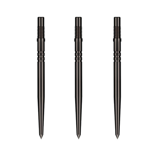 Three Shot Turbo black steel tip dart points showcasing v-cut machining