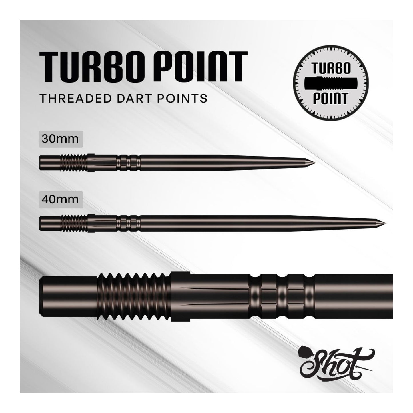 Size comparison of 30mm and 40mm Shot Turbo steel tip dart points