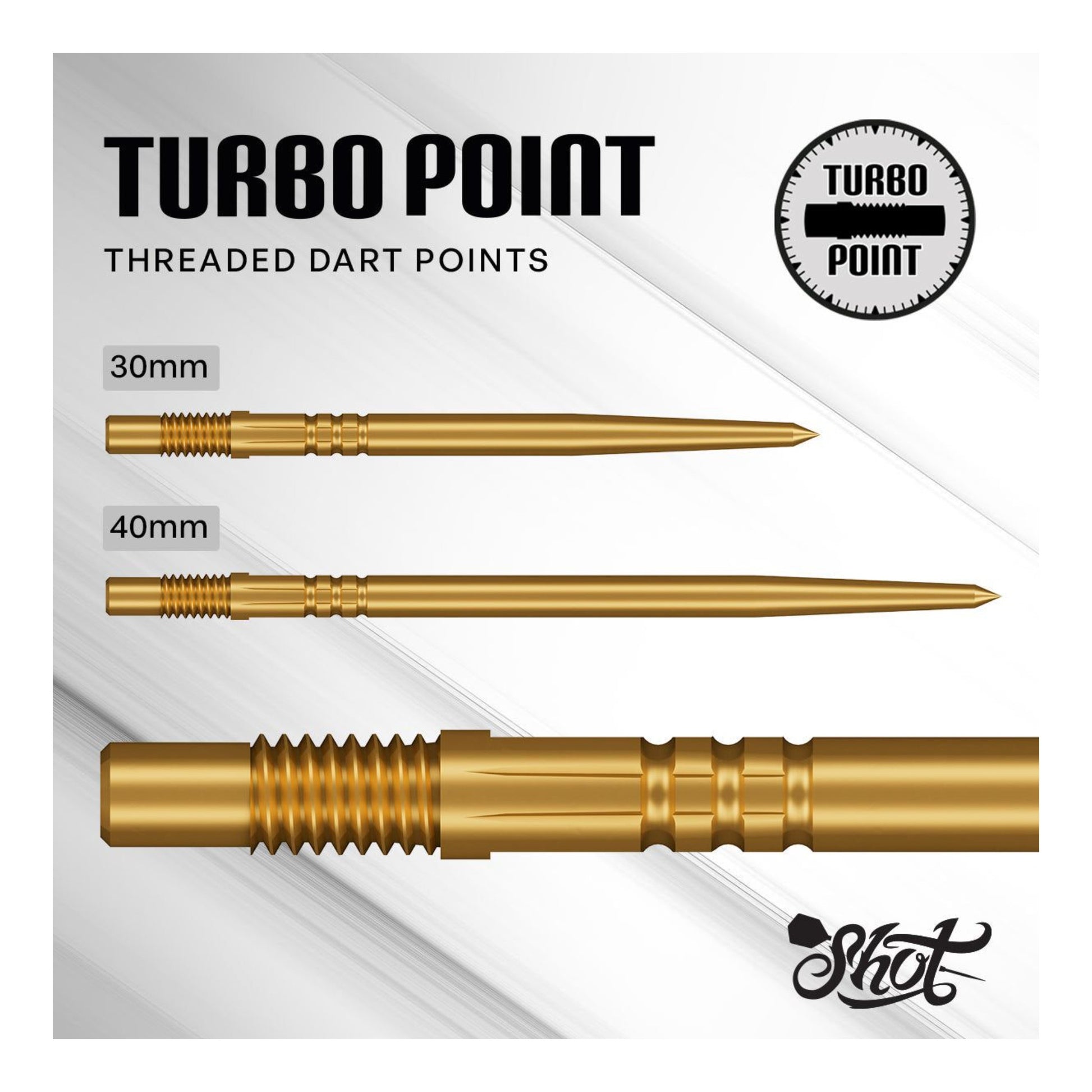 Gold turbo steel dart points size comparison 30mm vs 40mm